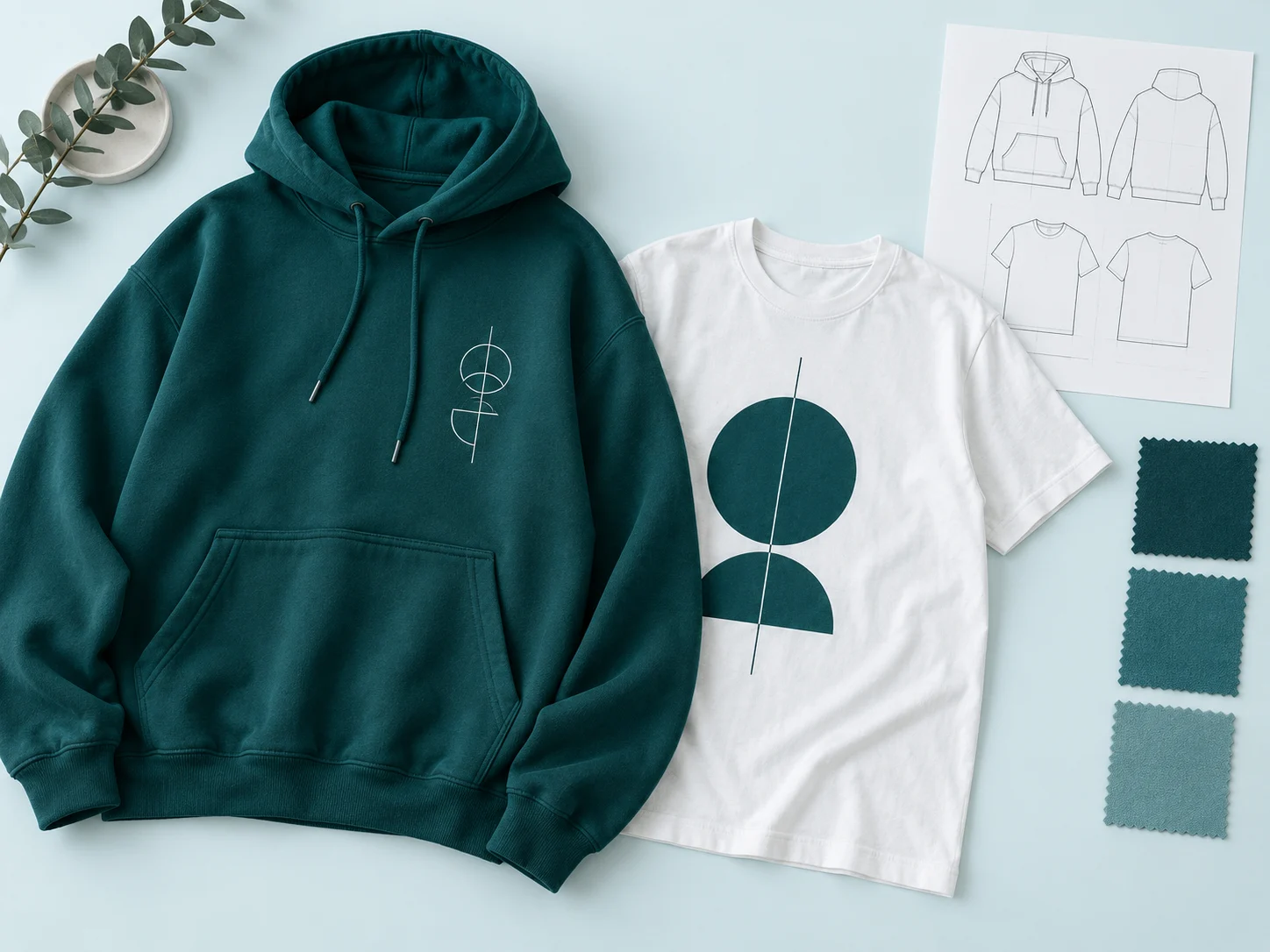 Illustrative teal hoodie and white t-shirt concept with garment sketches and color swatches